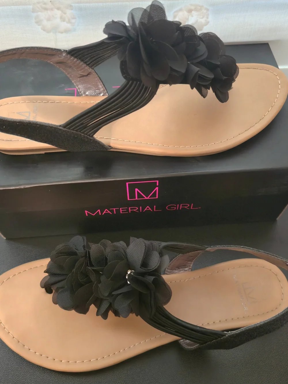 Material Girl Black Floral T-Strap Slingback Sandals